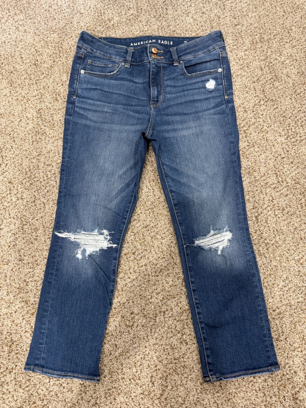 American Eagle Outfitters Women's Dark Blue Straight-Leg Distressed Jeans